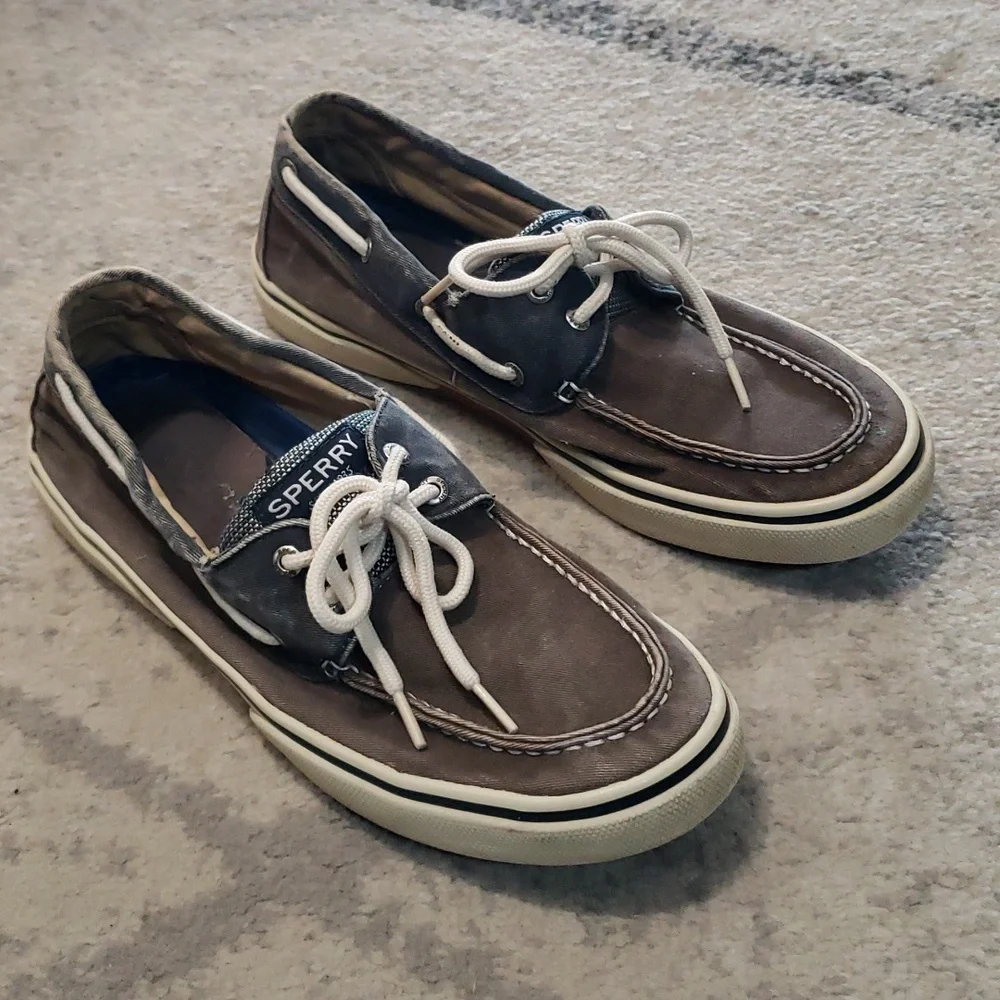 Sperry Top-Sider Men’s Blue and Dark Khaki Canvas Boat Shoes Lace Up Size 10.5M